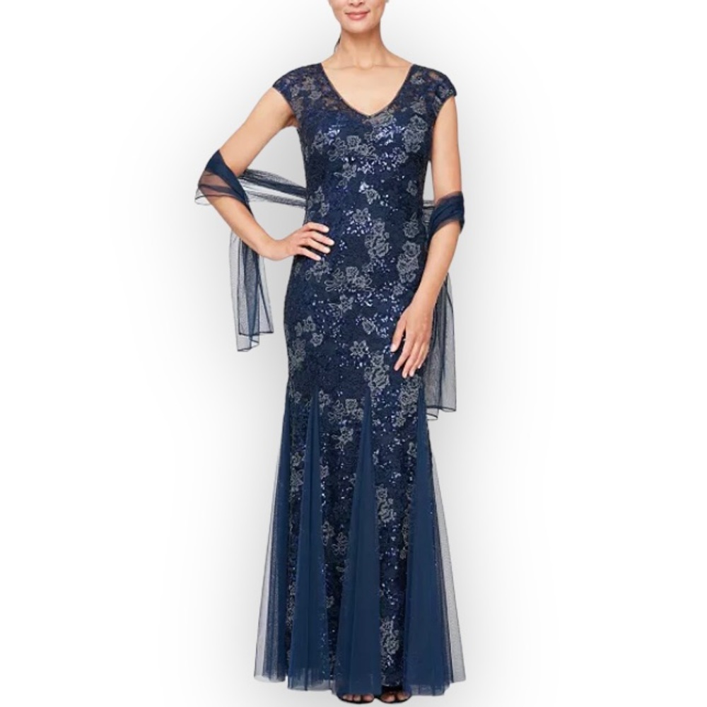 Alex Evenings Embellished Lace Gown & Shawl Size 10 Navy Blue NWT